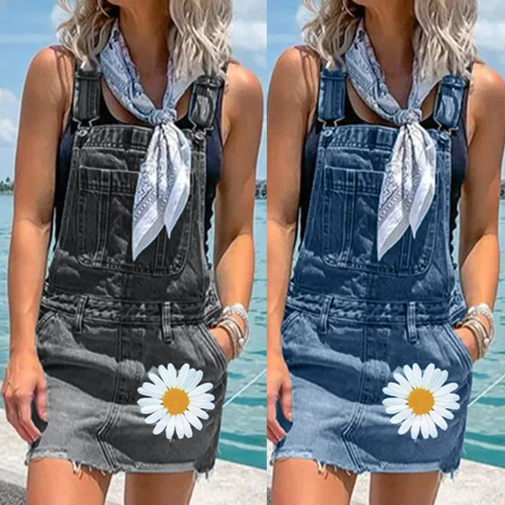 

40# Daisy Print Short Jumpsuit Dresses Women Flower Jeans Overalls Denim Dress Short Romper Casual Floral Playsuit Dress