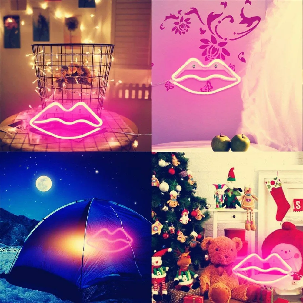 Неоновый светильник для губ Розовый Настенный на аккумуляторах или с usb питанием