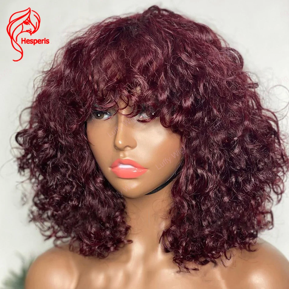 

Парики из человеческих волос бордового цвета с челкой, бразильские волосы без повреждений, с кудрявым коротким кудрявым топом, для темных ж...