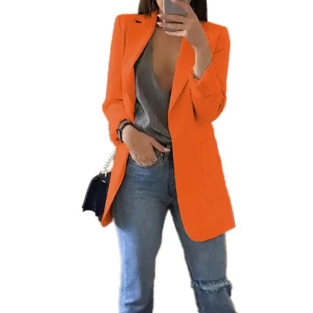 orange Тонкий Женский блейзер Осенняя модная куртка Женский офисный однотонный Карманный деловой блейзер с вырезом Женское пальто плюс размер S-5XL - Цвет: orange