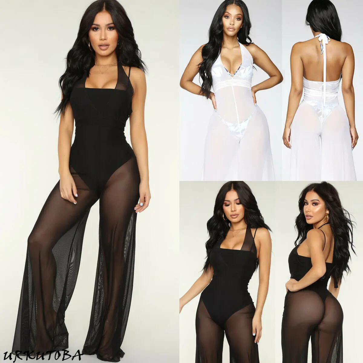 Женский сетчатый комбинезон с v-образным вырезом и открытой спиной широкими