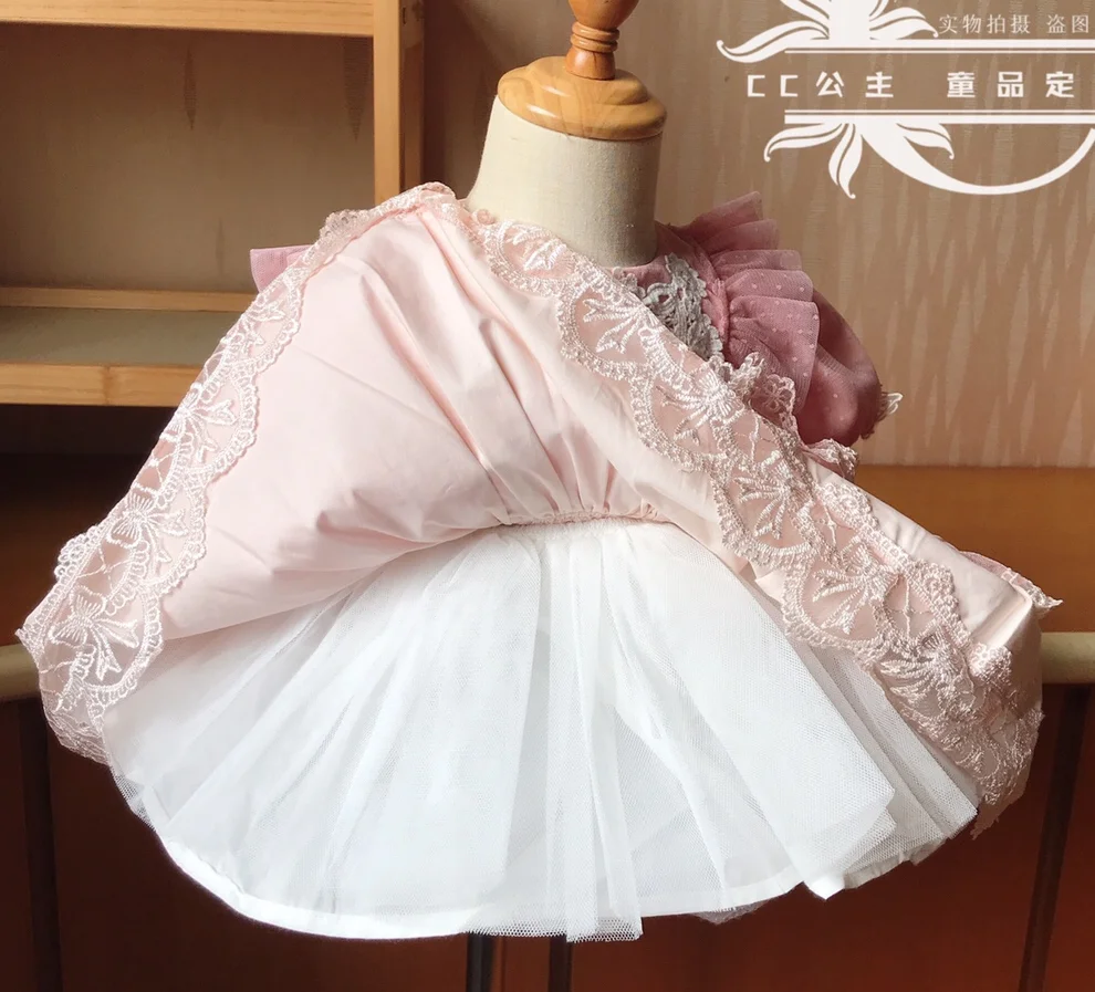 

Summer Spanish dress baby girl pink lace Mesh stitching dress for kids puff sleeve princess birthday party dress