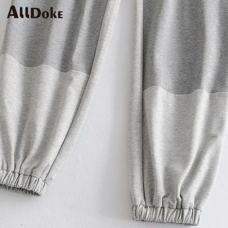 

ALLDOKE gray patchwork casual pants women elastic high waist double pockets trousers streetwear cotton harem pants sweatpants