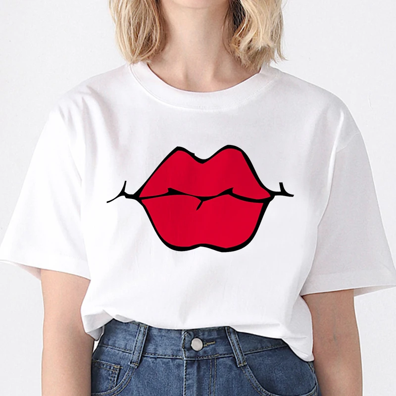 

Women summer clothing Lips women t-shirt summer short sleeve Tshirt Women Kawaii Red lips Tumblr Harajuku Aesthetic white Tees