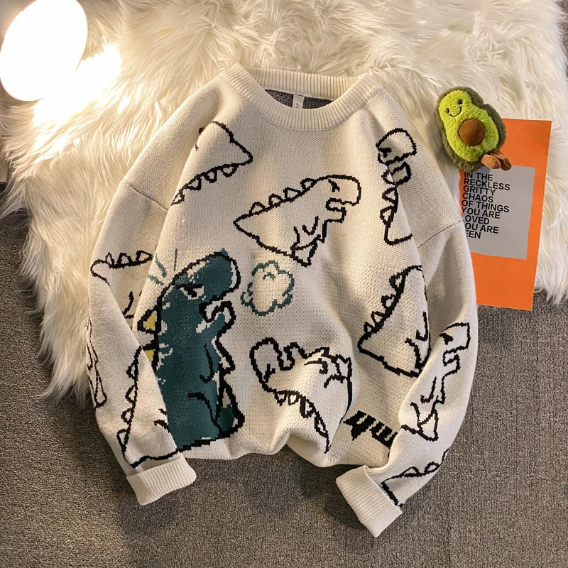 

Модный вязаный свитер в стиле Харадзюку для мужчин и женщин, пуловер с милым мультяшным динозавром, свитеры, уличная одежда, джемпер, 2021