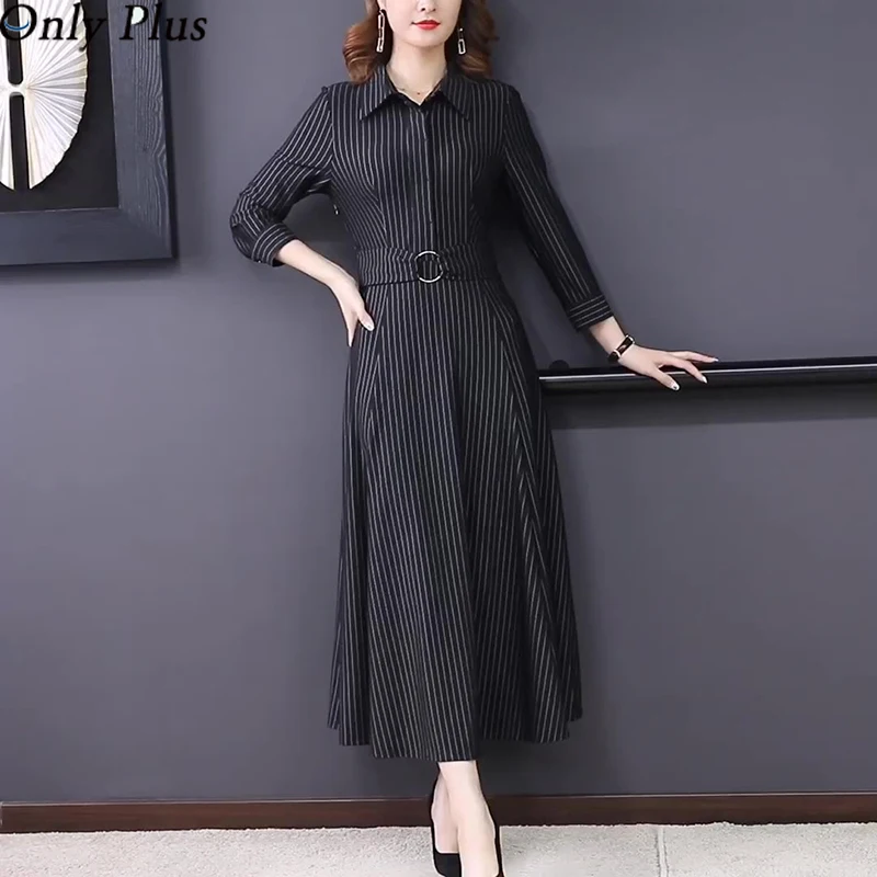 

Only Plus Winter Black Elegant Striped Dress Fashion Big Swing High Waist Dress For Women Office Lady Long Sleeves A-line Dress