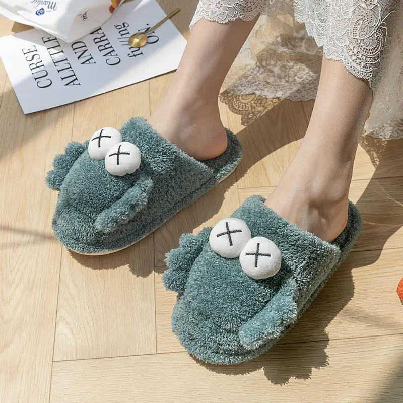 

WEH Cotton men slippers Winter Cute Couple Plush Platform Winter Indoor home soft slippers Household women Warm Winter Men shoes