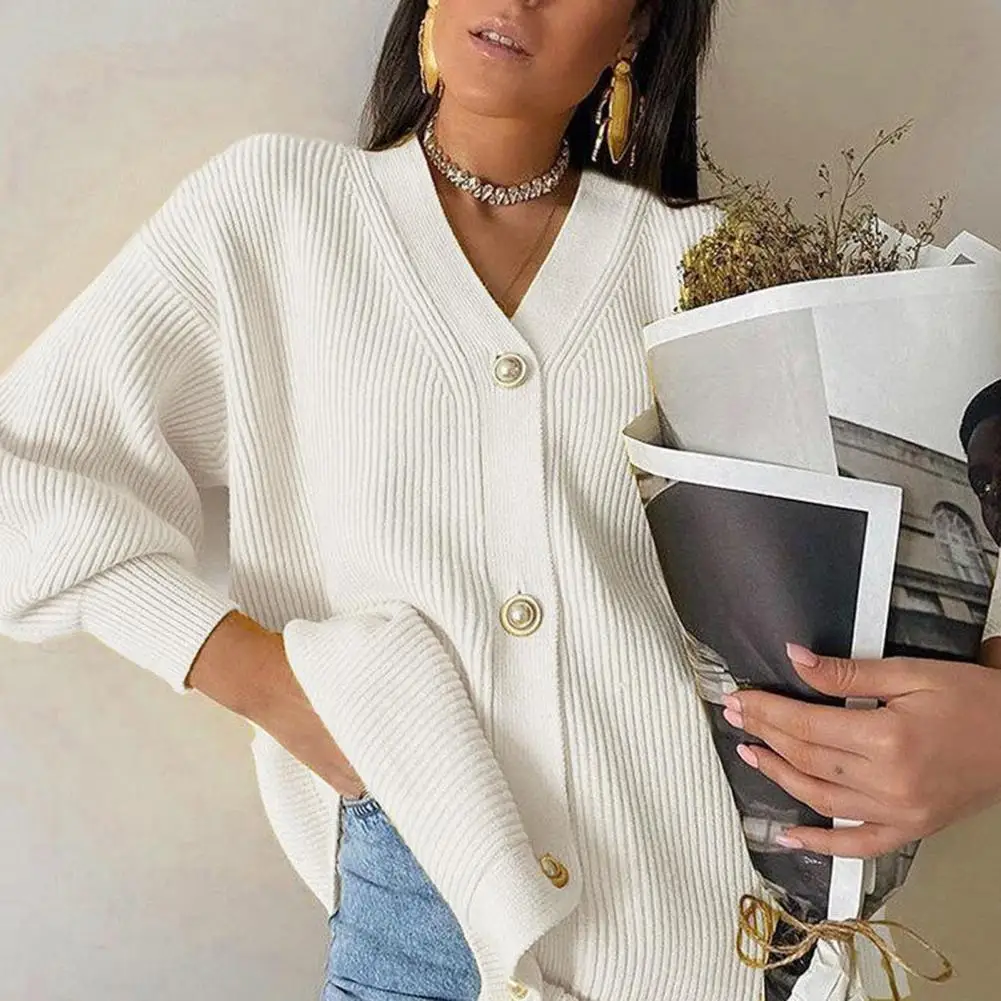 

Lantern Sleeve Single-breasted Knitted Cardigan One Size Loose V Neck Skin-friendly Knitted Coat Streetwear for Going Out