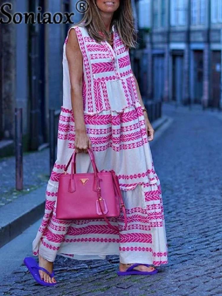 

Women Summer Boho Long Geometry Striped Printed Dress 2021 Sleeveless Flowy Beach Party Fashion Casual V-Neck Loose Maxi Dresses