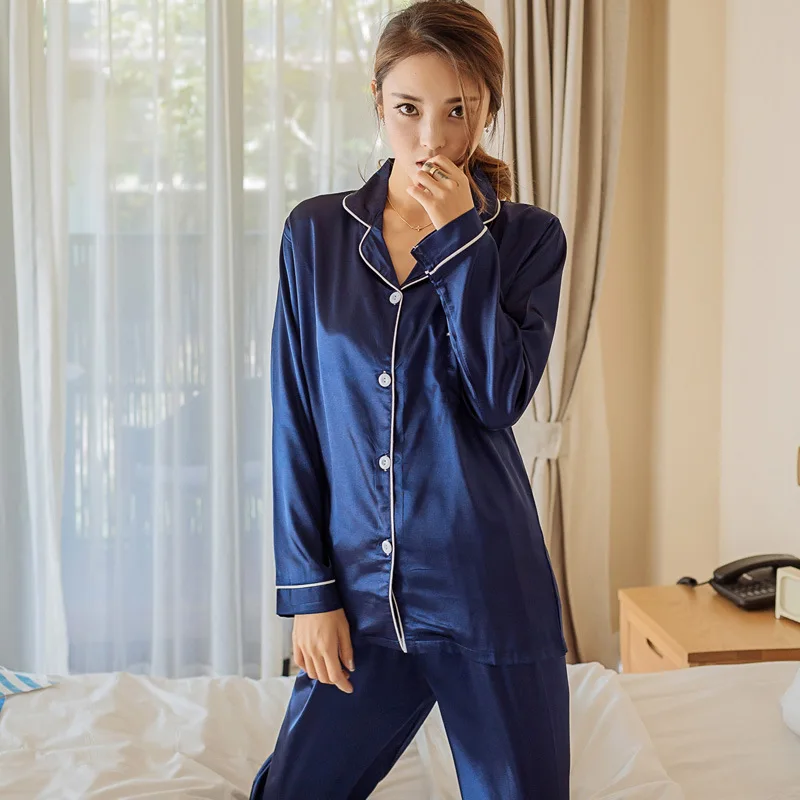 Summer Pajamas Women's Casual Lapel Loose Cardigan Long-sleeved Trousers Two-piece Women's Sexy Cute Home Service Pajama Set