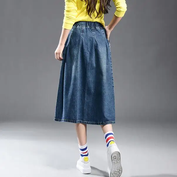 Летняя джинсовая юбка миди с эластичной резинкой на талии а силуэт плюс размер