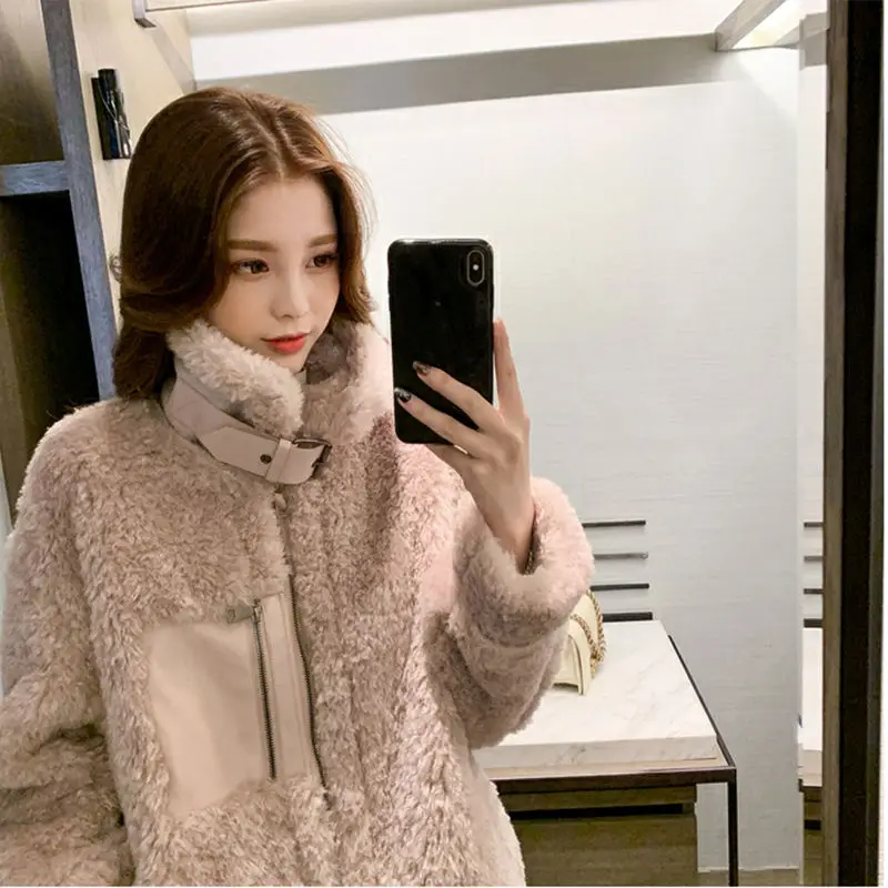 

Autumn and Winter 2020 New Korean Version Stand Collar Lamb Fur-like Fur Coat All-match Celebrity Thin Coat
