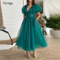 verngo tea green dotted tulle short prom dresses puff sleeves buttoned top v neck tea length graduation party gowns with pockets