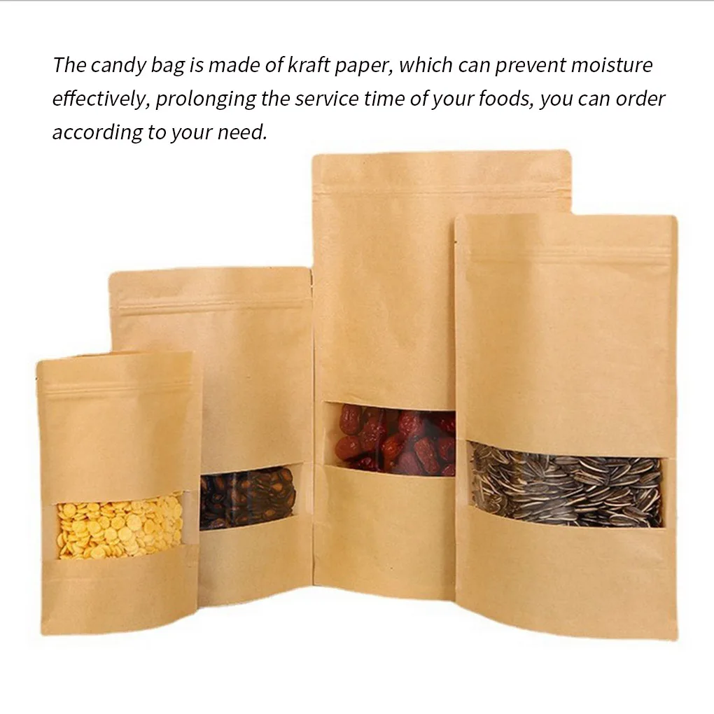 

10pcs Kraft Paper Bags Zip Lock Brown With Window Stand Up Resealable Grip Ziplock Pouches Tea Coffee Bean Candy Packaging Food