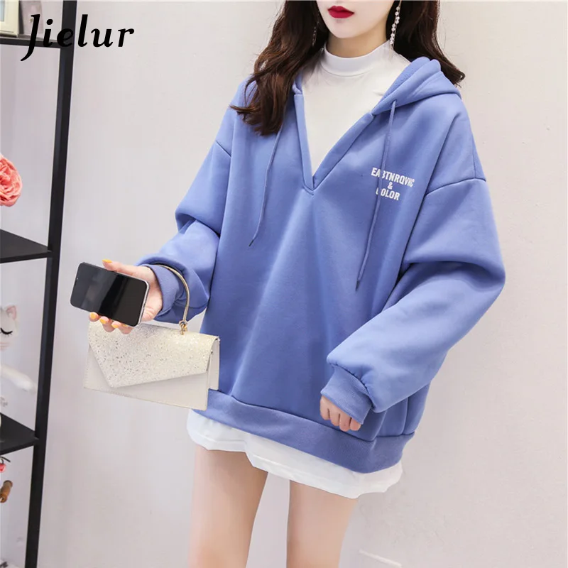 Jielur Hoodies Women Warm Autumn Winter New Fake Two Pieces Sweatshirt Loose Chic Korean Hoodie Femme Sudadera Mujer M-XXL | Женская