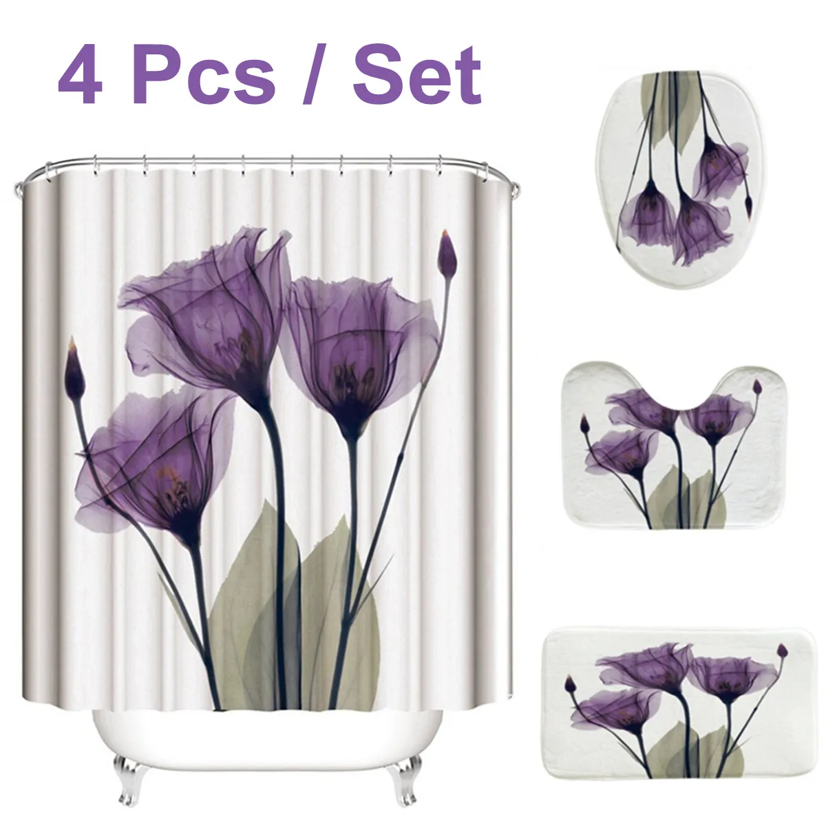 

New 4PCS Flannel Surface Bathroom Mats Shower Curtain Non-Slip Rug Lid Toilet Cover Bath Mat Set Purple Flowers Print Decor Home