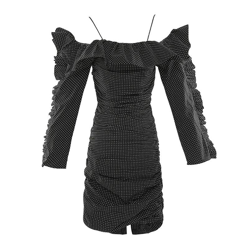 

Beach style Women Bodycon Dress 2021 Summer Off shoulder Polka Dot Print Female Mini dress Slim Ruffles Vestidos YNZZU 1D024