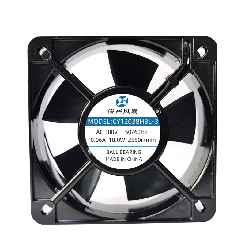 

CHUANYU CY12038HBL-3 120x120x38mm 380VAC 50/60 HZ 0.06A 18W 2550RPM Ball Bearing Axial Fan