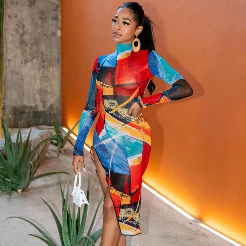 Женское платье-миди с длинным рукавом и высоким воротником | Женская одежда