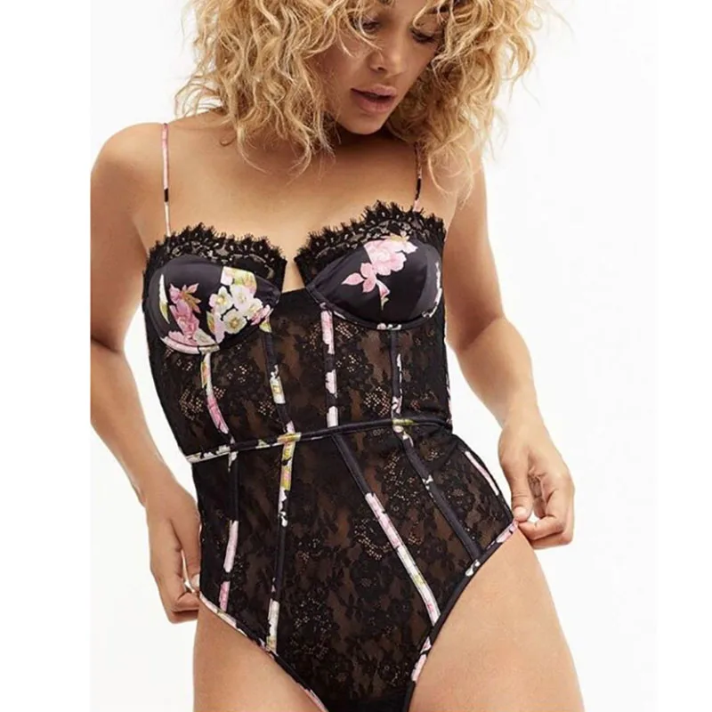 Новый цветочный вышитый кружевной комбинезон с подвязками из сетки - женское сексуальное белье с косточками, горячее эротическое бэбидолл-белье для сна и нижнее белье.