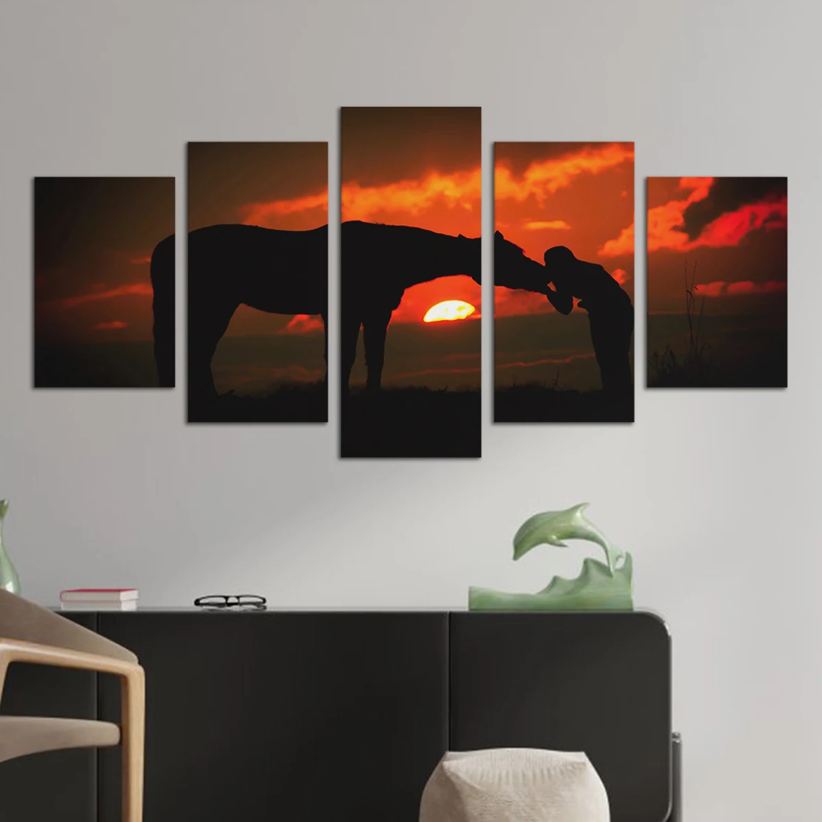 

Sunset Glow Landscape HD Printed Canvas Posters 5 Panels Man Horse Intimacy Wall Art Pictures Living Room Home Modular Pictures