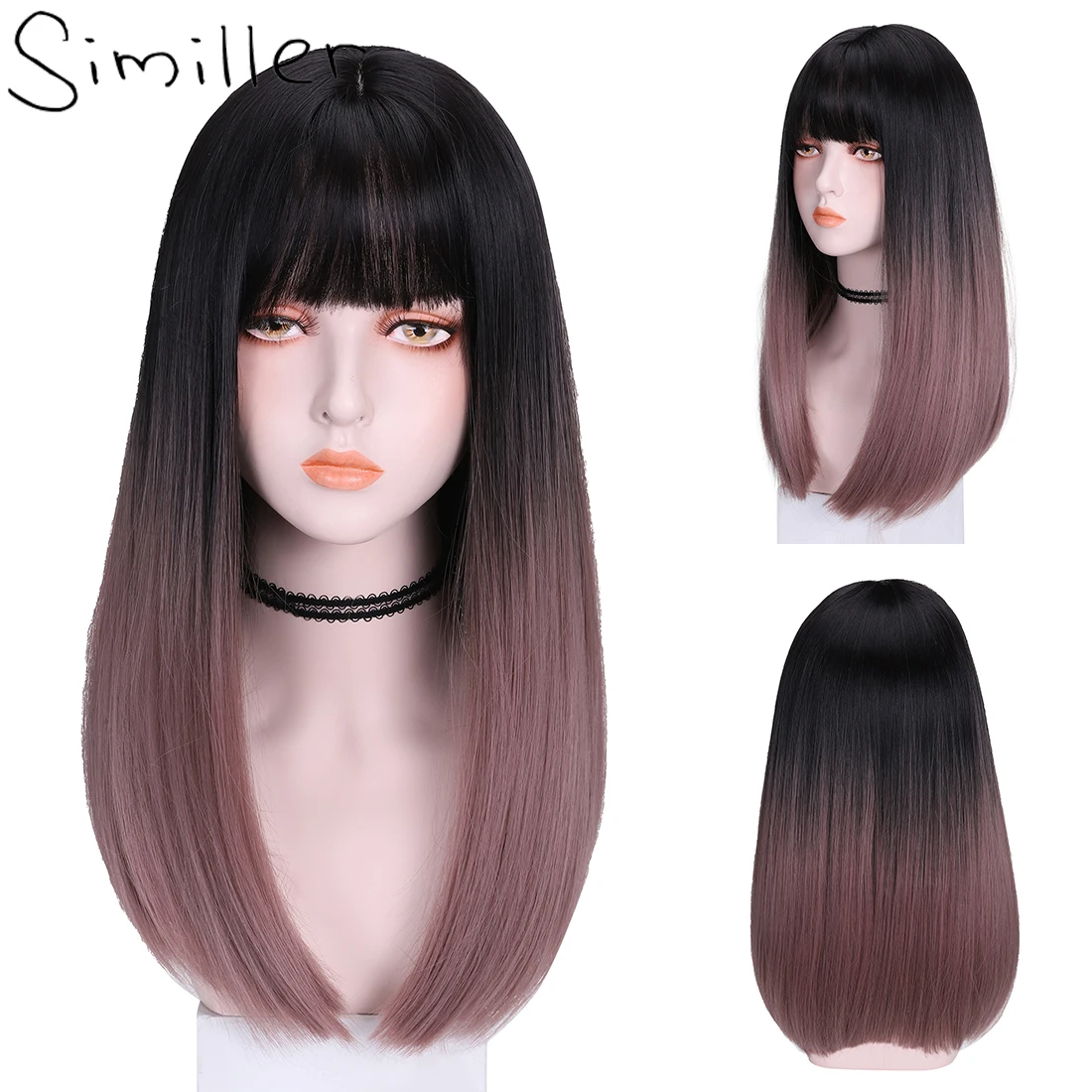 

Similler Highlight Ombre Synthetic Hair Medium Straight Wigs for Women Cosplay Wig Central Parting with Bangs