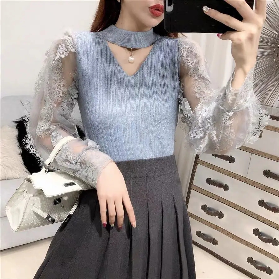 ALPHALMODA Новая мода кружевной фонарь рукав яркий Шелковый вязаный обтягивающий свитер изящный женский милый кружевной свитер Мода Outfi