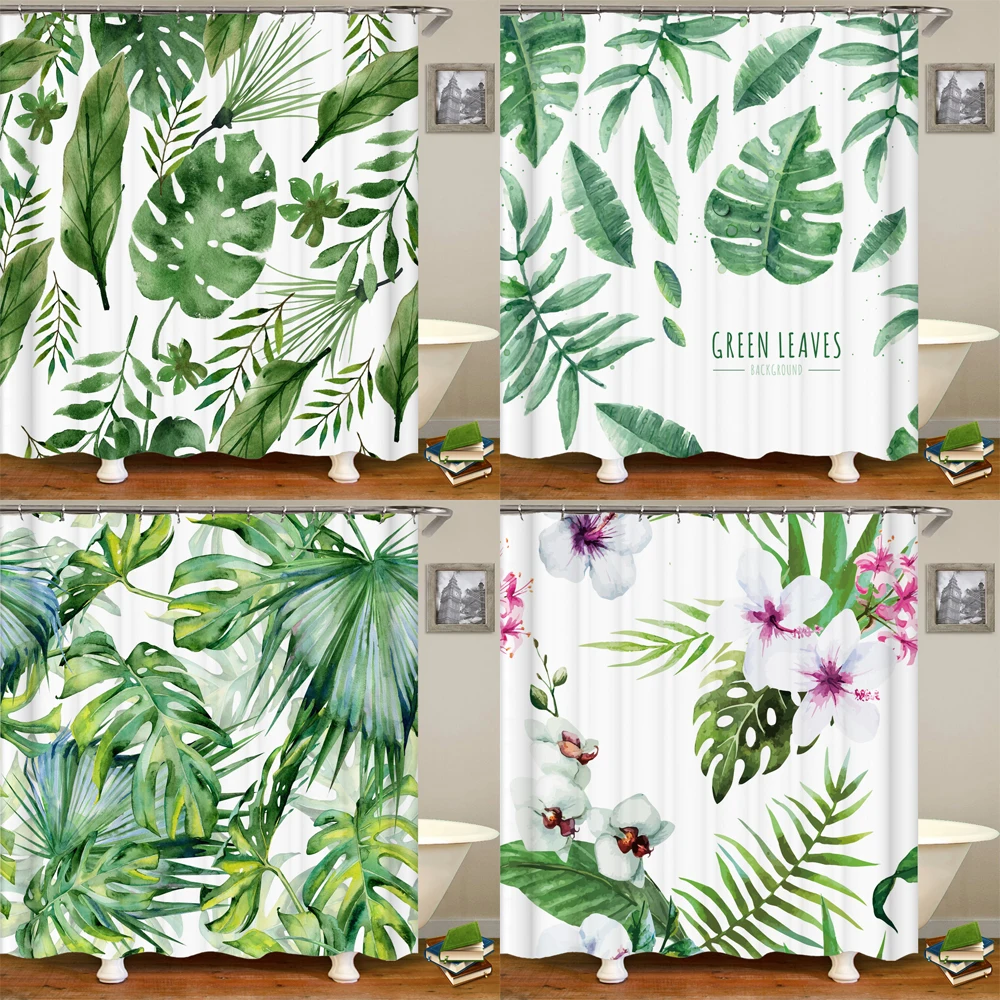 

Green leaf Fabric Shower Curtain Waterproof Tropical Plants Bathroom decoration Printing Bath Curtains with 12 hooks large size