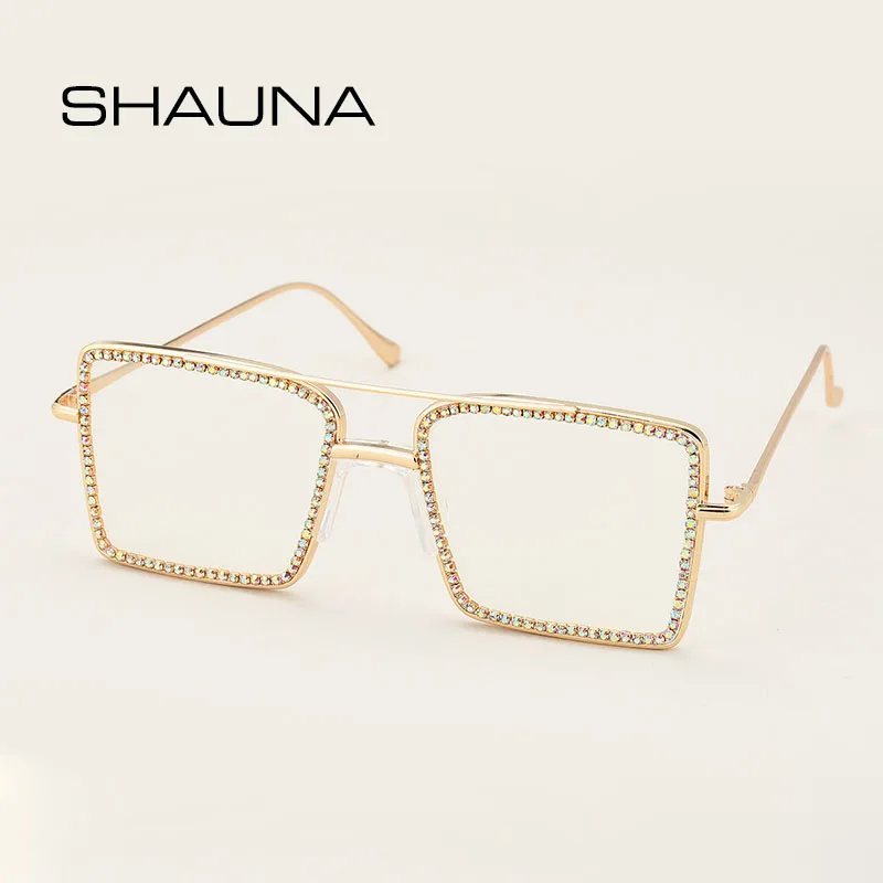 

SHAUNA Anti-Blue Light Luxury Crystal Square Eyeglasses Frame Double Bridges Fashion Metal Frames