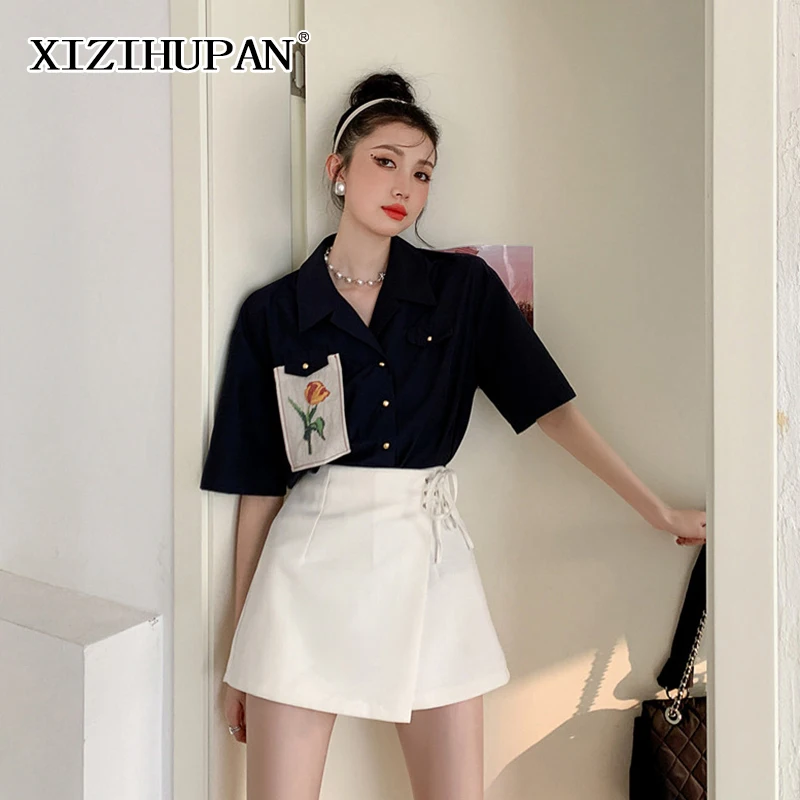 

XIZIHUPAN Vintage Hit Color Shirts For Women Lapel Half Sleeve Casual Korean Straight Blouses Female 2021 Summer Fashion Clothes