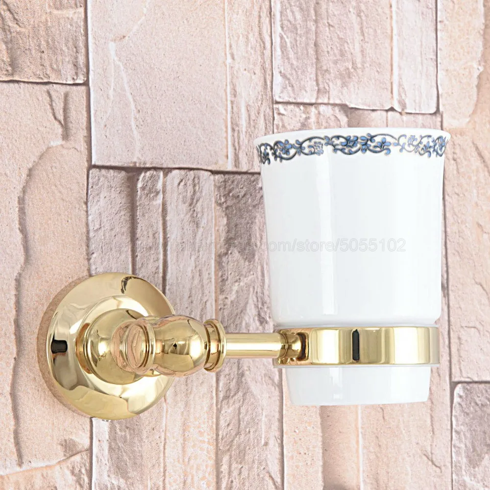 Латунный держатель для зубных щеток золотого цвета с одной керамической чашкой