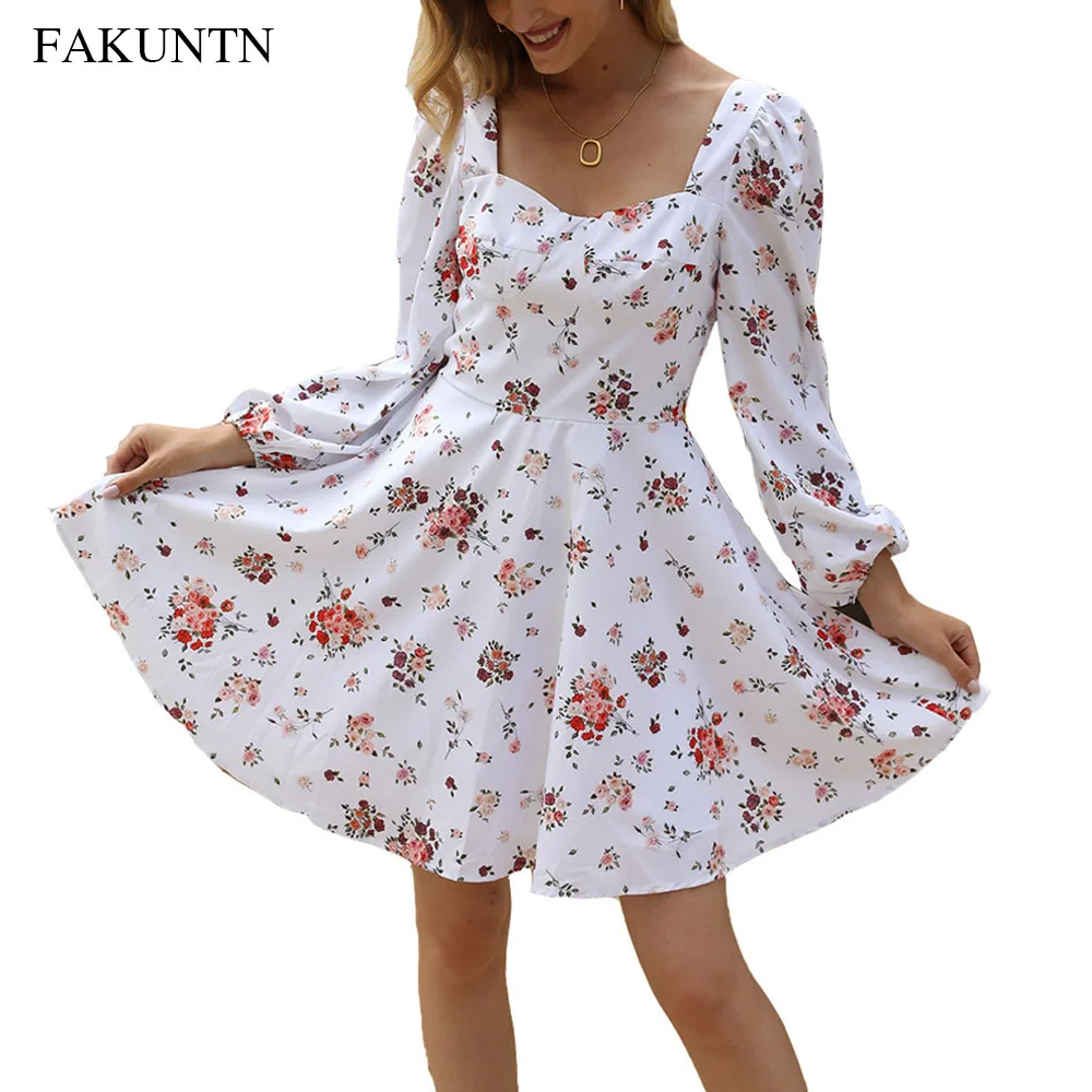 

Floral Sexy Dress Women 2020 Autumn Winter Fashion Square Collar Elegant Casual Vintage Party Long-Sleeve Women's Dress Vestidos