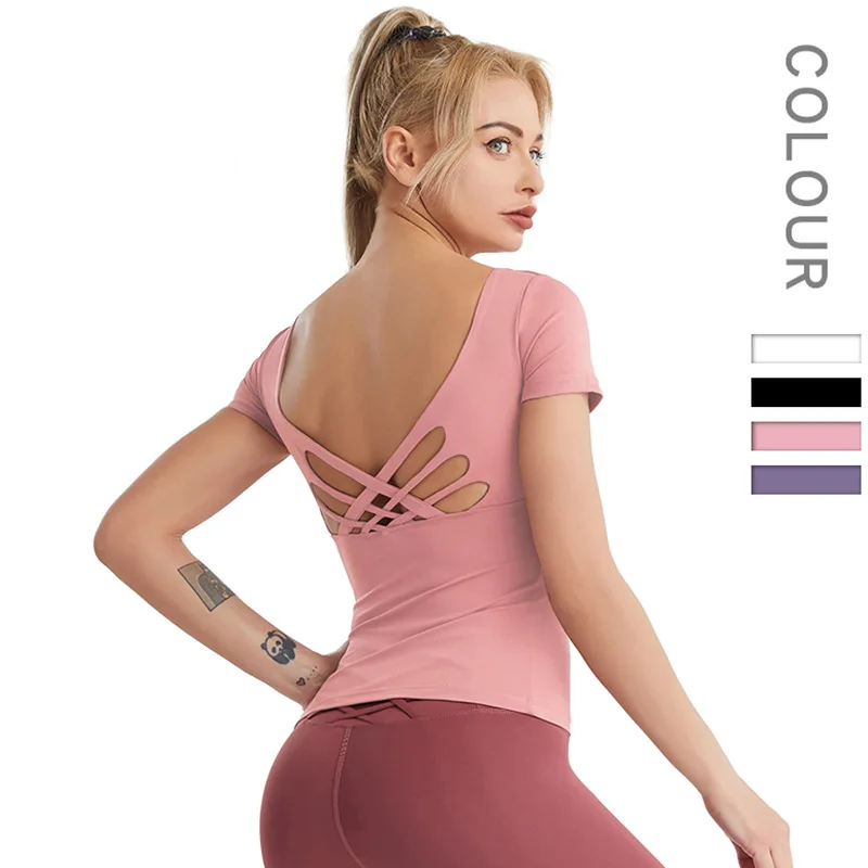 

Спортивные топ Для женщин тренировки 2021 Быстросохнущий Фитнес рубашка облегающие телесного цвета короткий рукав; Летняя Открытая спина сп...