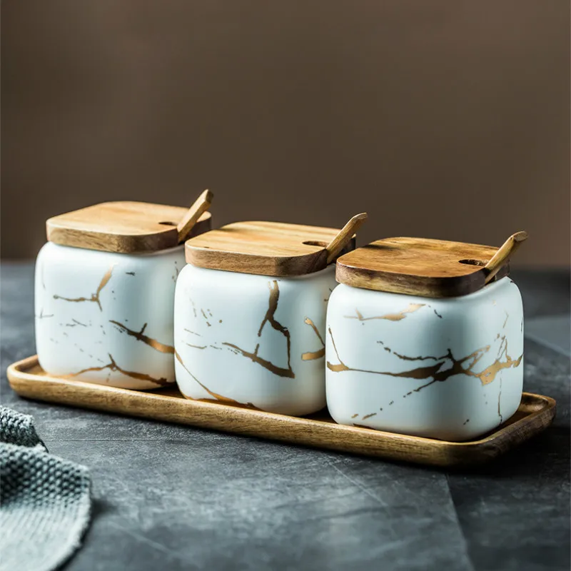 

NEW Light Luxury Matte Marbling Ceramic Seasoning Jar Seasoning Bottle Kitchen Accessories Seasoning Sub-Tank Set