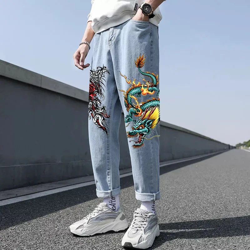 

New Loose Men Jeans Male Trousers High Quality Cozy All-match Students Daily Casual Straight Denim Pants Print