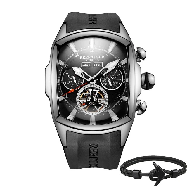 Топ бренд Reef Tiger Reloj Hombre Роскошные Tourbillon циферблат автоматические часы с резиновым ремешком механические водонепроницаемые мужские часы даты Relogio Masculino+ подарок - Цвет: RGA3069-YBB Box Gift