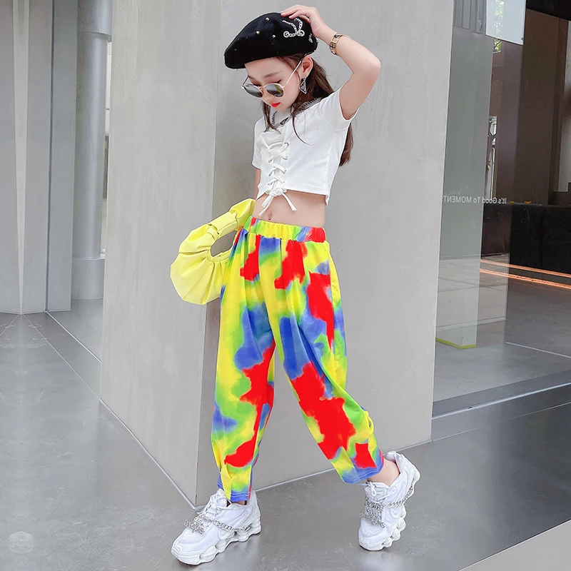 

Спортивный костюм для девочек от 9 до 14 лет, белая рубашка и штаны с цветочным принтом, комплект одежды для девочек-подростков, на лето