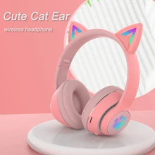 Headphones Cute Cat Ear Wireless Stereo Bluetooth Headset Earbuds Foldable TF Card Game Girl Kids Wired Earphone with Microphone