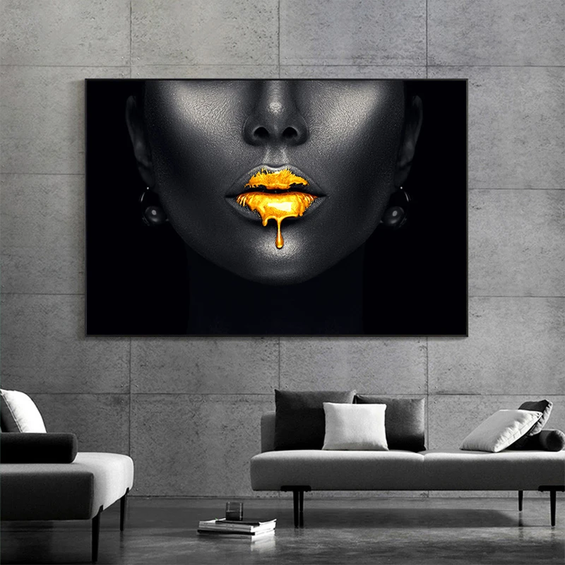 

Gold Lips African Black Woman Canvas Paintings on The Wall Art Posters and Prints Black Face Pictures for Living Room Unframed