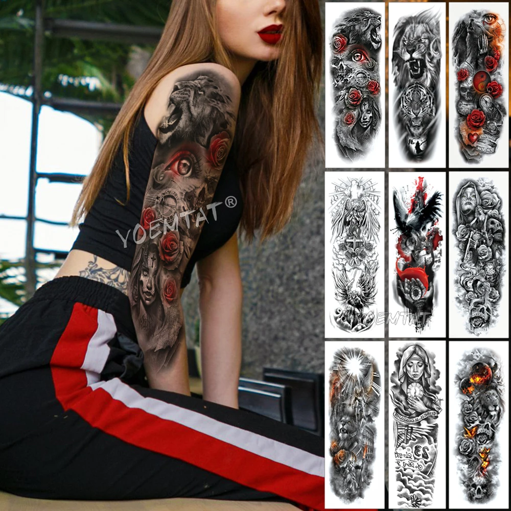 Большой рукав для татуировки на руку красный глаз роза водостойкая временная