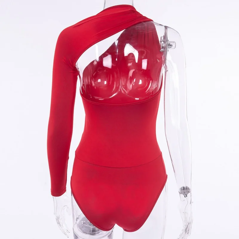 

Sexy One Shoulder Bodycon Bodysuit Asymmetrical Hollow Out Long Sleeve Playsuit Backless Button Romper