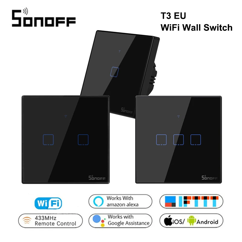 

Itead Sonoff T3 EU 86 Size 1/2/3 gang TX Series 433Mhz RF Remote Controlled Wifi Switch With Border Works With Alexa Google Home