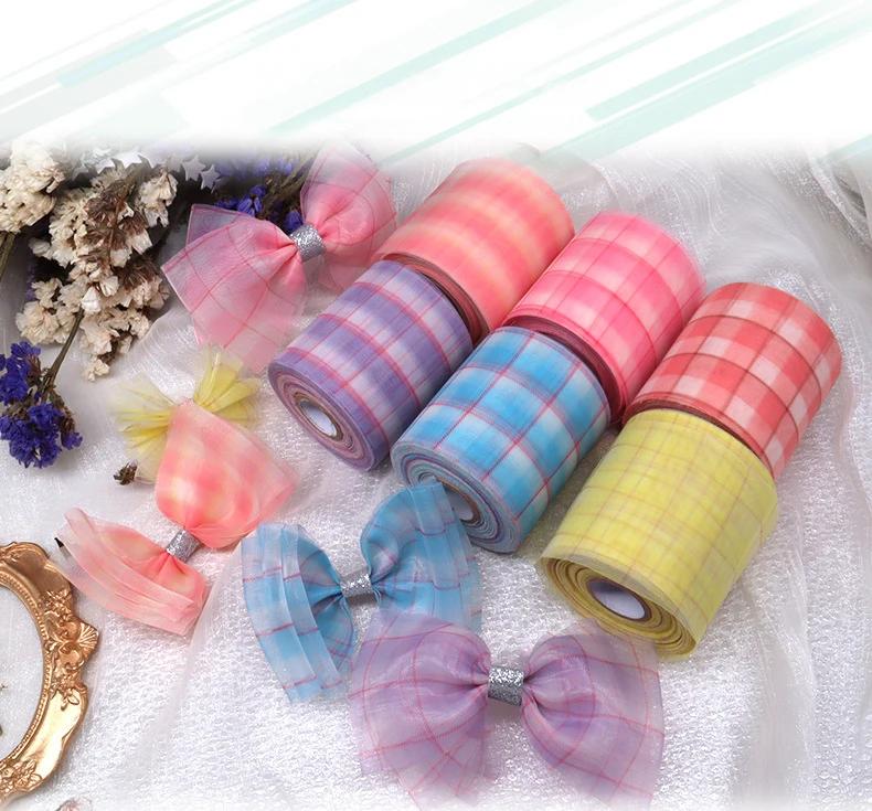 

25yards/lot 60mm Lattice Pattern Organza Christmas Ribbon for Hairbow DIY Grid Tape Gift Box Bouquet Wrapping Strings