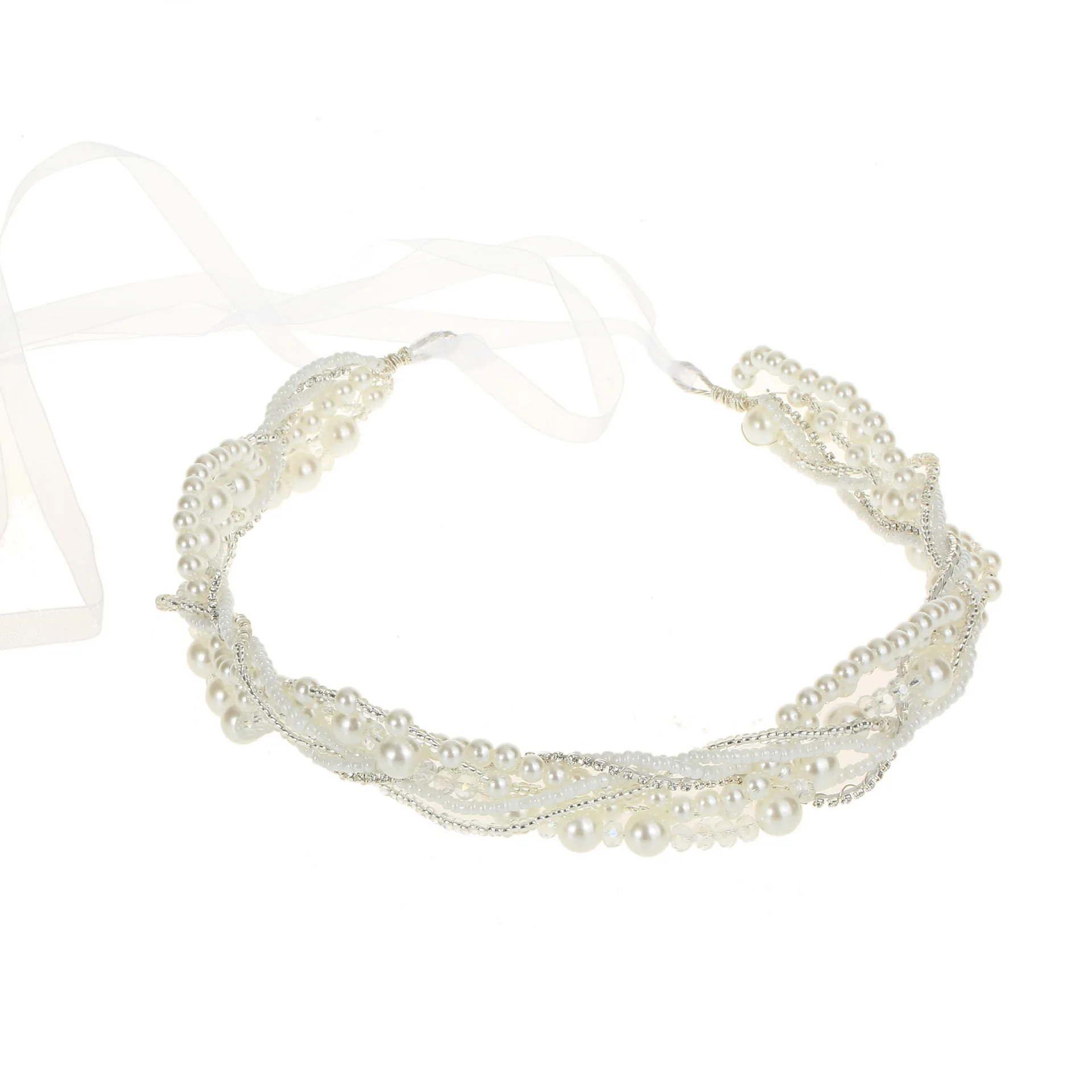 

Bridal Head Jewelry Bride Handmade Headpieces Wedding Headband with Ribbon Pearl Woven Hair Accessories for Wedding Party Women