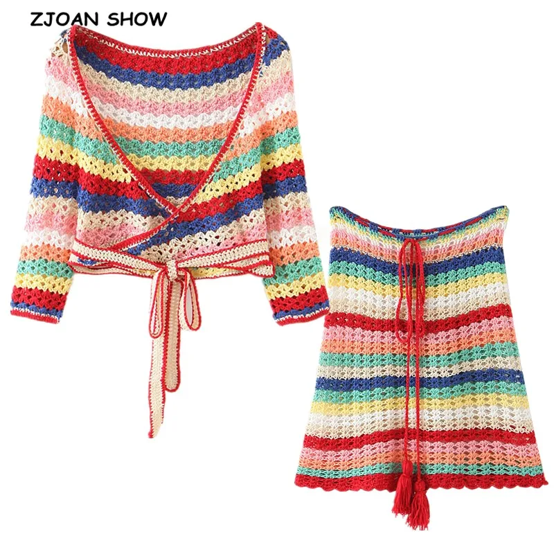 2020 BOHO Lacing up Colored Striped Hand crochet Cardigan Sweater Women Bandage Mini Short Skirt Half Sleeve Tops 2 Pieces Set | Женская
