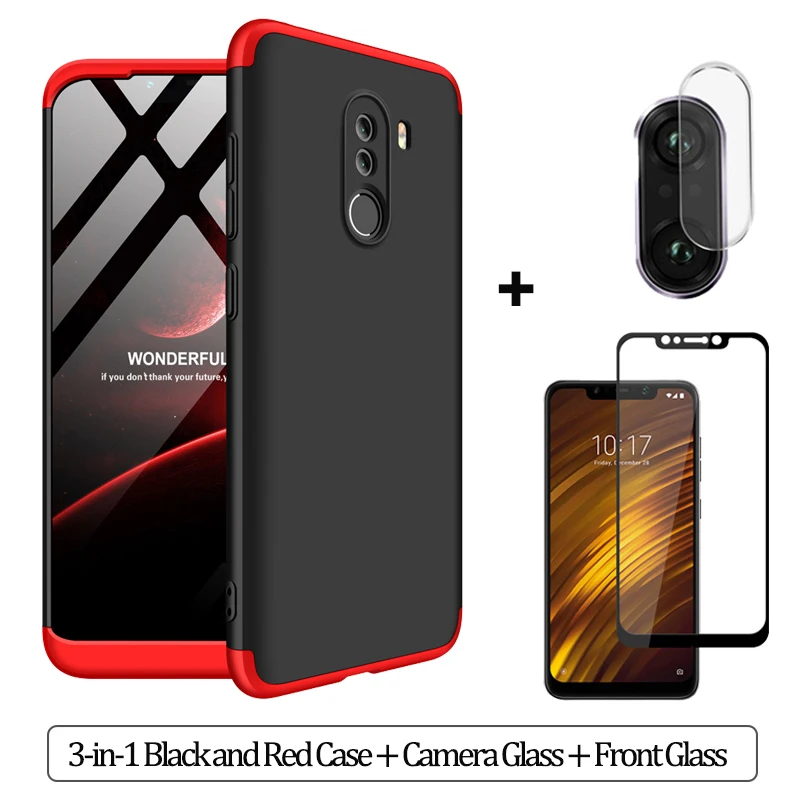3-in-1BlackRed Case 3-в-1 Стекло+ бронированный чехол для телефона xiaomi pocophone F1 case 360 Жесткий ПК анти-противоударный бампер чехол pocofone f1 оригинальным стеклянным корпусом xiaomi pocophone f1 чехол на Покофон Ф1 чехол - Цвет: 3-in-1BlackRed Case