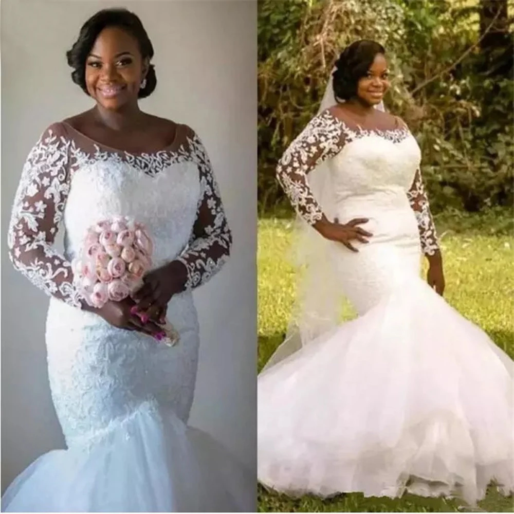 

Elegant Long Sleeve Mermaid Wedding Dresses Lace Appliques Beaded Tulle Vestido de Noiva African Plus Size Sexy Bridal Dress