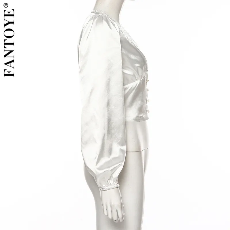 FANTOYE Sexy Deep V-Neck Lace Puff Sleeve Tops Blouses Women Vintage Long Sleeve Slim Blouse Shirts Female Chiffon Shirts Blousa