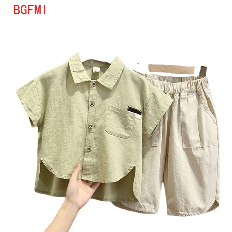 

Baby Boys Cotton and Linen Lapel Short-sleeved Shirt + Pants Summer Set 2021 New Kid Two-piece Baby Korean Handsome Clothes Sets