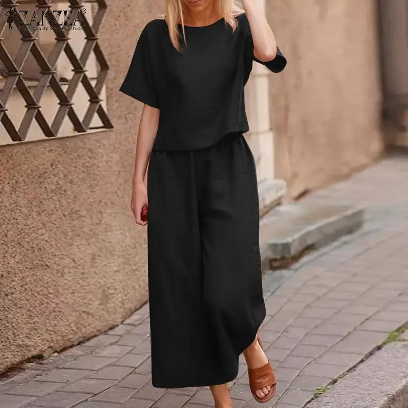 

Винтажные свободные хлопковые брючные комплекты ZANZEA, топы с короткими рукавами и широкими штанинами, осенние женские повседневные однотон...